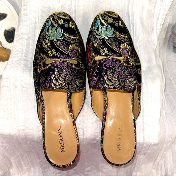 MERONA 7.5 Black Multi Gold Tone Horsebit Accent Slip on Floral Metallic Mules - Picture 1 of 11